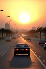 Wall Mural - Desert Highway Sunset Drive Cars Journey Through Golden Hour on Palm Tree Lined Road