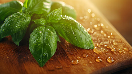 Fresh Green Basil Leaves with Dew Drops on Wooden Board 