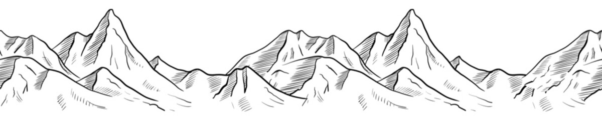 Mountain Range vector seamless Border. Linear Illustration in Black and White Ink of hills for travel banner. Pattern of rocks painted in line art style. Drawing of relief landscape with peak.