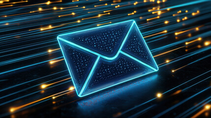 Wall Mural - Glowing digital envelope icon in royal blue, surrounded by vibrant light trails, symbolizes communication and technology. futuristic design evokes sense of innovation and connectivity