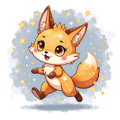 Canvas Print - Charming cartoon fox sprinkled with stars  a delightful whimsical character in motion, digital illustration of character design concept.