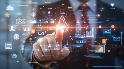 Fototapete - Businessman Planning for Rocket Launch Investment: Strategies for Growth and Corporate Startup Objectives in Leadership and Customer Targeting