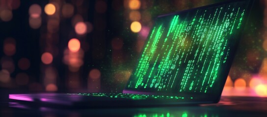 Wall Mural - Laptop Screen with Green Code and Bokeh Background