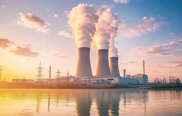 A power plant emitting smoke at sunset, symbolizing the use of coal for energy production