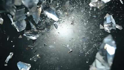 Camera quickly zooms out from exploding metal surface under harsh, industrial lighting. fragments reflect light in sharp, angular patterns.