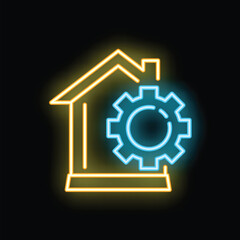 Wall Mural - Glowing neon icon of a house with a gear over it symbolizing smart home technology and automation