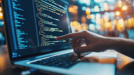 programmer working on the laptop, coding program in the hologram screen