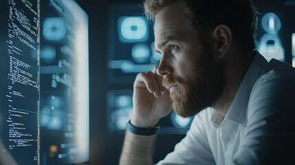 programmer working on the laptop, coding program in the hologram screen