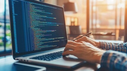 programmer working on the laptop, coding program in the hologram screen