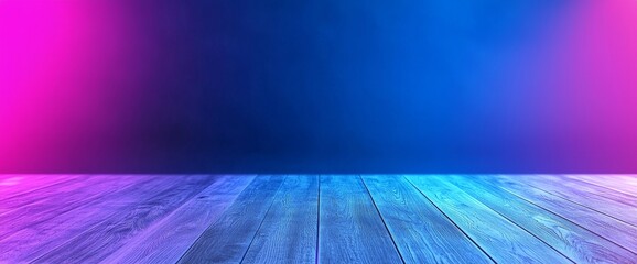 Poster - A studio room interior featuring a seamless blue and purple color gradient, offering a minimalist backdrop with an empty photographic limbo space. This realistic modern showroom setting is perfect