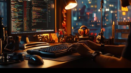 programmer working on the laptop, coding program in the hologram screen