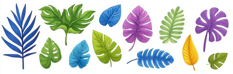 Monstera and palm leaves. Tropical plant isolated set. Banana tree green element for botanical illustration. 3D exotic Hawaiian design collection. Mexican garden clipart for decorative summer spa.