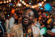 © Sophie - Happy cool black man dancing under confetti at office christmas party. African businessman partying celebrating promotion, winning competition, new job, career success. Successful male boss concept