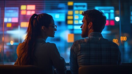Software developers discussing project in modern office at night