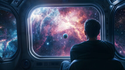 Wall Mural - A person sits in a spacecraft, gazing through a large window towards the vast cosmos. Futuristic spaceship.