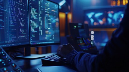 programmer working on the laptop, coding program in the hologram screen