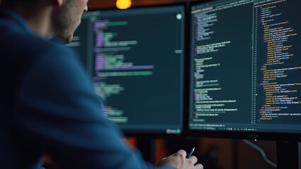 Developer engages in coding at dual monitor setup in a dimly lit workspace during evening hours