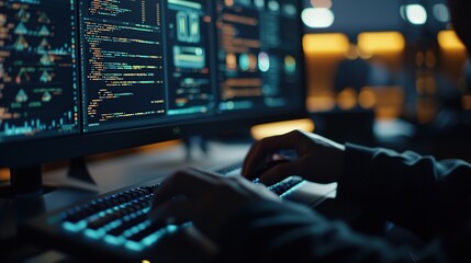 programmer working on the laptop, coding program in the hologram screen