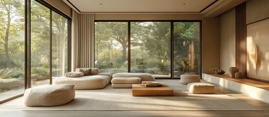 Wall Mural - Serene Minimalist Living Room Design with Lush Garden Views