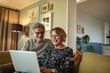 © Marko Geber - Senior couple online shopping on laptop on the couch at home