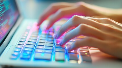 programmer working on the laptop, coding program in the hologram screen