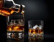 © Metehan - Whiskey is poured from a bottle into a glass with ice. Glass of whiskey on a black reflective background. In the background bottles with various alcoholic drinks.