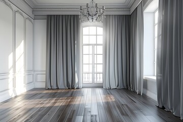 Modern empty room with gray curtains, white walls, and a wooden floor. A chandelier hangs from the ceiling, and sunlight pours through a large window, illuminating the space. 