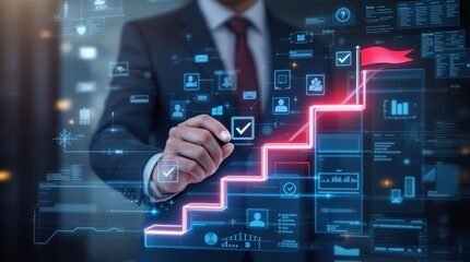 Fototapete - Businessman Illustrating Steps to Achieve Success with Checkmarks on a Virtual Staircase Highlighting Goal Setting and Planning Strategies