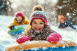 © River Girl - A joyful winter scene featuring children and adults riding down a snowy hill on colorful tubing sleds, capturing the excitement and fun of outdoor activities during the holiday season.