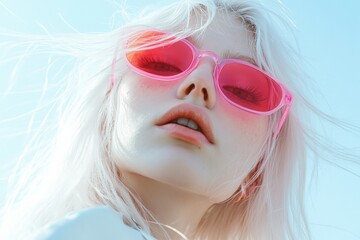 Young caucasian female with blonde hair wearing pink sunglasses in bright daylight