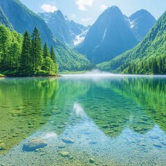 Wall Mural - Stunning Alpine Mountain Lake Reflection in Serene Nature Landscape with Crystal Clear Water, Lush Evergreen Forests, and Majestic Snow-Capped Peaks in Tranquil Wilderness