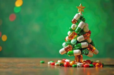 Christmas tree created from medicine colorful pills set on wooden table on green background with color bokeh. Christmas greeting card. Copy space. 