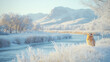 © Adja Atmaja - A serene winter landscape featuring a snowy owl near a frozen river and mountains.