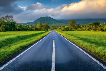 Wall Mural - A long empty road in the middle of a green field