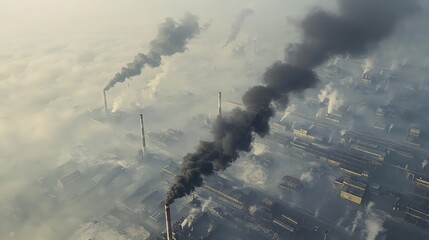 Wall Mural - A major industrial area covered in thick smog, with factory smokestacks releasing dark plumes into the already polluted air. 