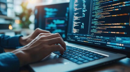 programmer working on the laptop, coding program in the hologram screen