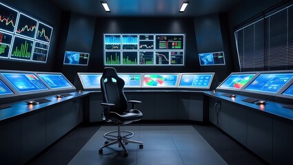 Futuristic Control Room with Vibrant Data Displays and Mysterious Lighting