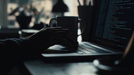 programmer working on the laptop, coding program in the hologram screen