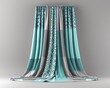 © MISHAL - Photorealistic 3D render of curtains with turquoise and gray patterned layers, isolated on a grey background.