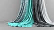 © MISHAL - Photorealistic 3D render of a two-layer curtain, one turquoise and the other gray with a patterned design, isolated on a grey background.