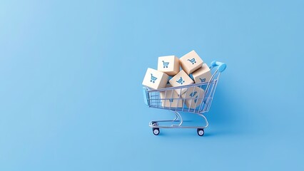 Boxes in a shopping cart on blue background. Concept: online shopping, e commerce and delivery of goods. Copy space.