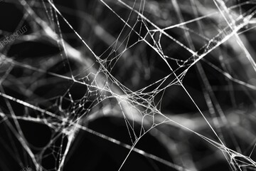 A close-up photo of a intricate spider web in black and white