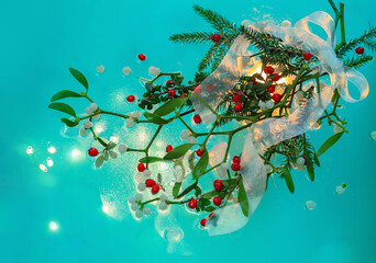 Wall Mural - christmas background with mistletoe  and ice on blue