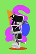 © deagreez - Vertical photo collage of three happy girls business freelancer partners stand pc monitor stack success isolated on painted background