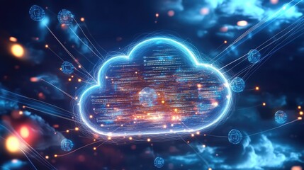 Wall Mural - A floating digital cloud surrounded by firewalls, glowing with layers of data encryption symbols. Bright lines of code swirl around the cloud, representing the protection.
