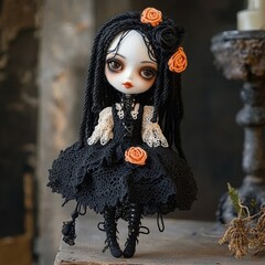 Nice halloween gothic girl witch doll crocheted made of yarn wool beautiful holiday picture handmade decor design art creative craft