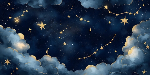 Wall Mural - Seamless night sky pattern with gold foil constellations and stars, soft watercolor clouds in rich midnight hues, creating a dreamy celestial look
