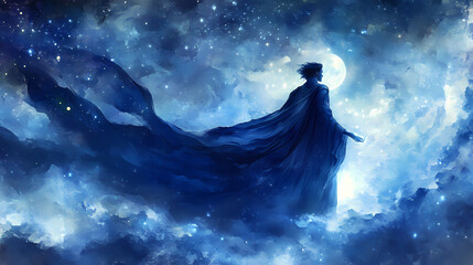 Wall Mural - morpheus cloaked in deep blue robes, his eyes glowing with sapphire light as he shapes dreams from t
