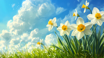 Wall Mural - cerulean dreams white daffodils blue sky soft focus fluffy clouds serene peaceful atmosphere dreamy 