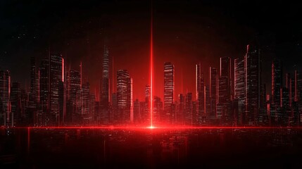 Wall Mural - A futuristic city skyline illuminated by a striking red beam, evoking a sense of mystery and advanced technology against a dark backdrop.